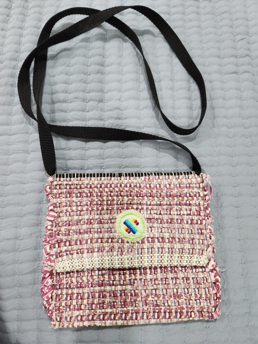 Pink Woven Crossbody Bag with Rainbow Patch 7x8